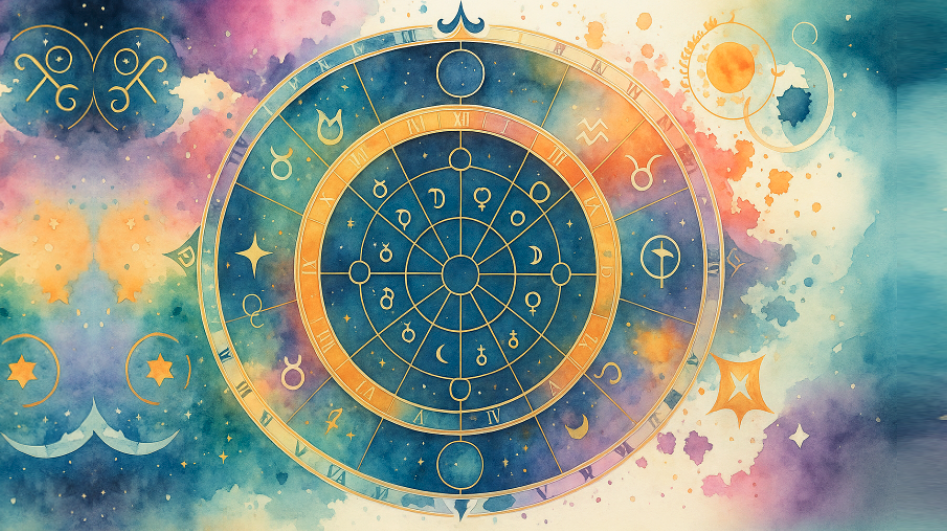 Astrologie kennenlernen – Einführungskurs mit Petra Baum. Farbenfrohes Tierkreisrad im Aquarellstil